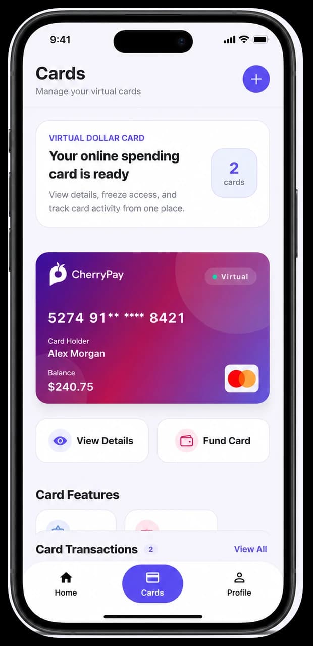 CherryPay virtual card screen with card details, funding controls and card activity