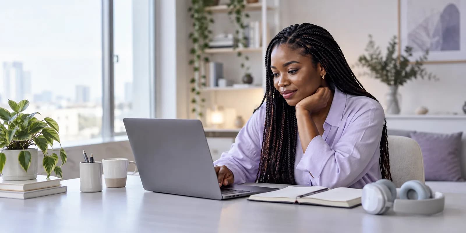 Professional working from a bright workspace